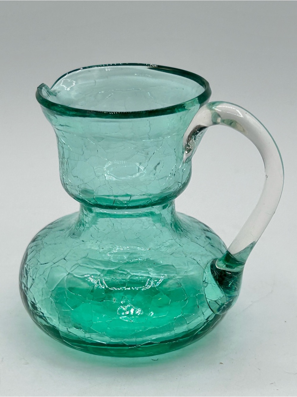 Vintage Pilgrim Crackle Glass Hand Blown Mini Pitcher Green 3"